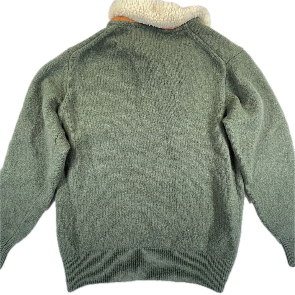 Orvis Quarter Zip Sherpa Collar Lambswool Sweater Size M Green Leather Trim Fall